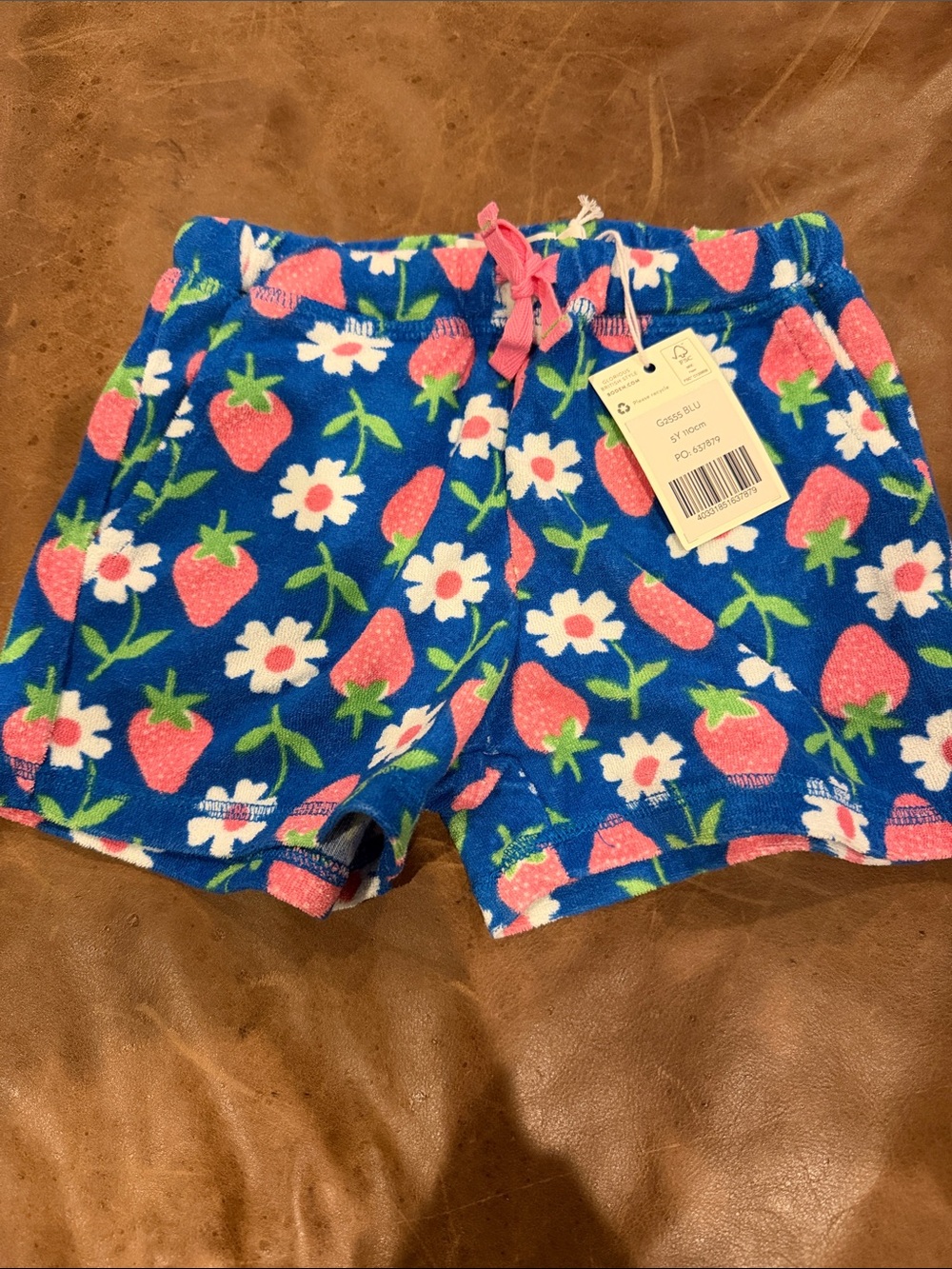 Mini Boden Blue Fleece Shorts with Pink Strawberry Print